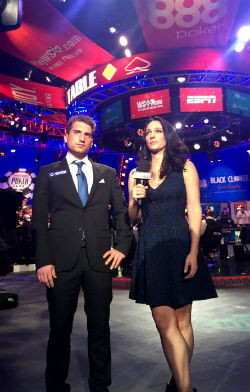 Federico Butteroni prepares for his bust out interview with ESPN's Kara Scott after bowing out in 8th place of the WSOP Main Event on Sunday night.