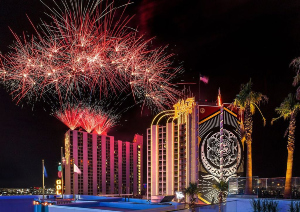 Fireworks will launch of the garage rooftops of The Plaza. 